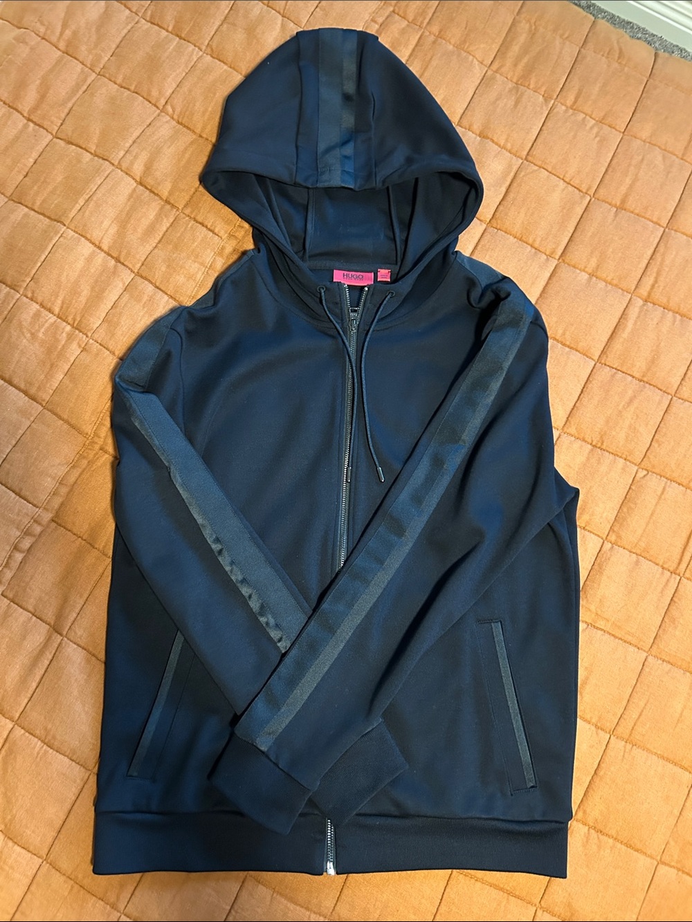 HUGO Hugo Boss Black Zip-Up Hoodie with Satin Sleeve Stripe